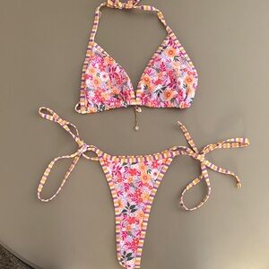 Floral Bikini Set with Striped Trim